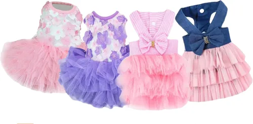 Vista 15 de Vestidos para Perros, Ropa de Mascota a la Moda, Vestidos de Princesa para Cachorros con Rayas y Malla (Azul, XS)