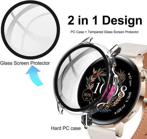 Vista 5 de [Paquete de 2] Funda con protector de pantalla de vidrio templado compatible con Huawei Watch GT 3 de 1.654 pulgadas, dureza 9H de 360°, funda