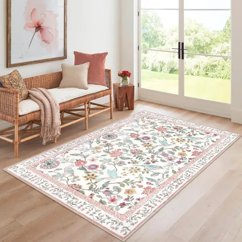 Vista 21 de Rugalia Alfombra de pasillo floral azul, alfombra lavable de 2 x 6 pies para pasillos, antideslizante, suave, de pelo bajo, con flores, pájaros, Rosa