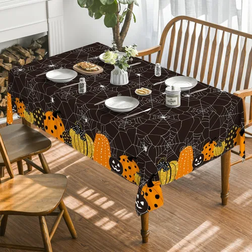 Vista 2 de Horaldaily Mantel rectangular de Halloween de 52 x 70 pulgadas, diseño de telaraña de calabaza con temática de miedo, color negro, lavable