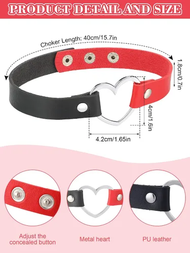 Vista 6 de Eurzom Juego de 2 guantes de piel sintética sin dedos con diseño de corazón, incluye guantes rojos sin dedos, collar punk rojo y negro para mujer