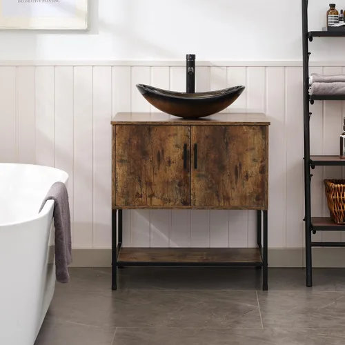 Vista 16 de UEV Juego de tocador de baño antiguo de 24 pulgadas, color marrón oscuro con lavabo, armario de baño de madera de hierro con grifo de temperatura