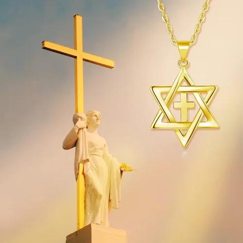 Vista 2 de YKYLHSYXR Collar mesiánico judío para mujeres y hombres, chapado en plata oro de 18 quilates con colgante de estrella pequeña de David y cruz