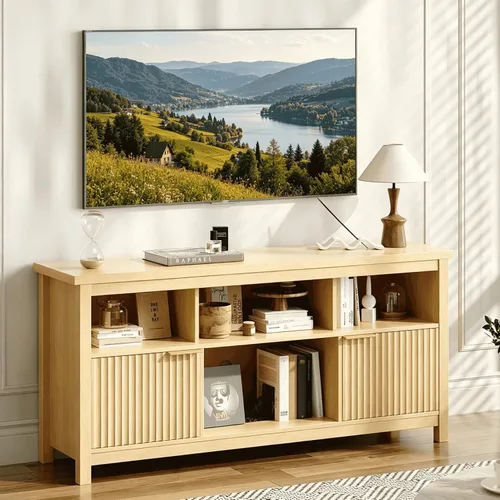 Vista 10 de VINGLI Moderno soporte de TV para televisores de 65 pulgadas, centro de entretenimiento de madera de 55 pulgadas con estantes ajustables, soporte