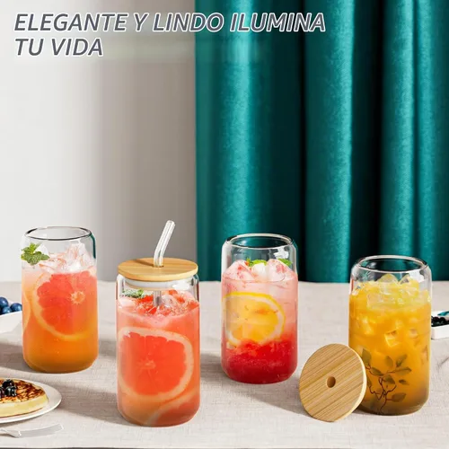 Vista 2 de 12 vasos de vidrio con tapas y pajitas de bambú, vaso de vidrio de 16 onzas, taza de café helado, vasos con forma de lata para café, té, batido