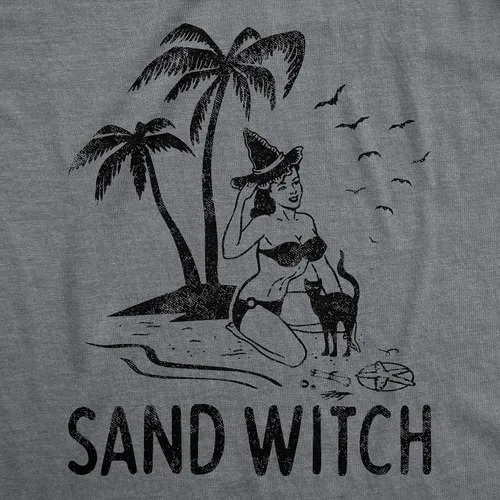 Vista 2 de Camiseta divertida de bruja de arena para mujer, para playa, Halloween, gato negro