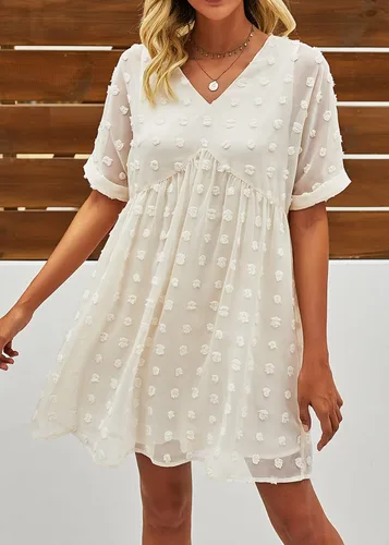 Vista 5 de KIRUNDO Vestido corto de manga corta de verano para mujer, vestido casual, suelto y con un cuello en V sexy, vestido holgado de punto suizo