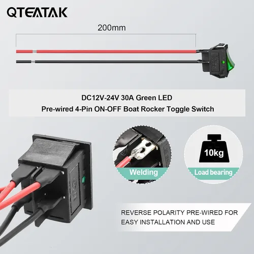 Vista 4 de KCD4 2Pcs DC 12V-24V 30A DPST interruptor basculante precableado de 4 pines y 2 posiciones ON/Off para barco con luz LED verde (Solo para DC12-24V)