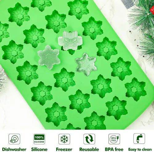 Vista 5 de Webake Molde de cubitos de hielo de copo de nieve de silicona con 24 cavidades, bandeja de cubitos de hielo de Navidad, moldes de copo de nieve