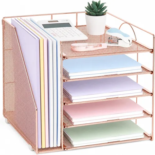 Vista 13 de LEKETREE Organizador de escritorio y accesorios, organizador de bandejas de papel de 5 niveles con cajón y 2 soportes para bolígrafos