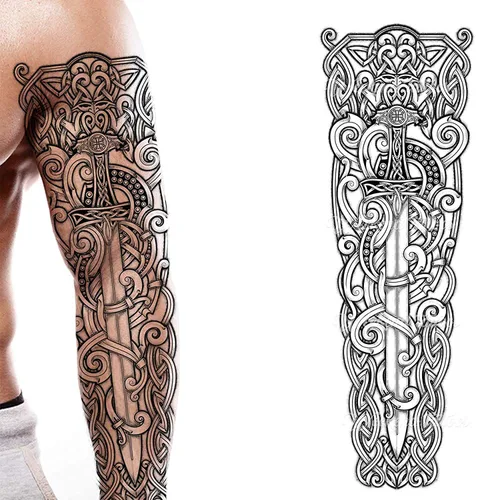 Vista 12 de 2 tatuajes temporales con hacha vikinga, dragón, nórdico, palo negro, tribal, bárbaro, celta, guerrero, en el cuerpo, pegatina de transferencia