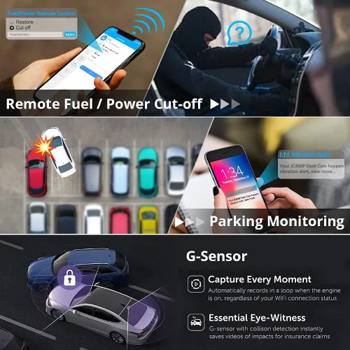 Vista 5 de Video en vivo y monitor remoto de 24 horas, Jimi JC400P 4G y WiFi Dual Dash Cam frontal e interior para automóviles Cámara de coche 1080P Grabadora
