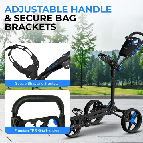 Vista 3 de SereneLife Carrito de Golf Ligero y Plegable - Carrito de Empuje de Golf Plegable de Aluminio con Mango Ajustable, Correas Elásticas para Bolsa