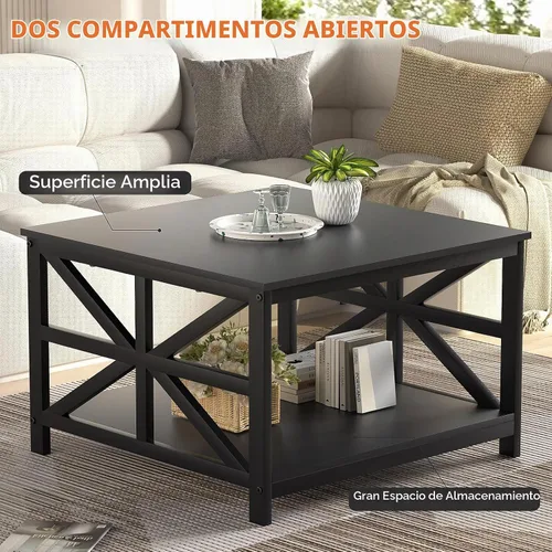 Vista 7 de GreenForest Mesa de café moderna para sala de estar con almacenamiento de 2 niveles, pequeña mesa central de granja cuadrada de madera y metal