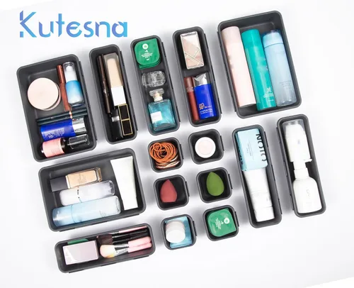 Vista 7 de Kutesna 15 piezas de separadores para cajones de escritorio entrelazados, organizador para oficina, baño, cocina, maquillaje (negro)