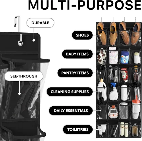 Vista 4 de Simple Houseware - Organizador de zapatos colgante con 24 bolsillos grandes y transparentes para colgar en la puerta, color negro