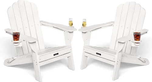 Vista 30 de Silla Adirondack plegable, silla Adirondack de HDPE con 2 soportes para tazas, sillas para fogatas al aire libre de fácil montaje para patio