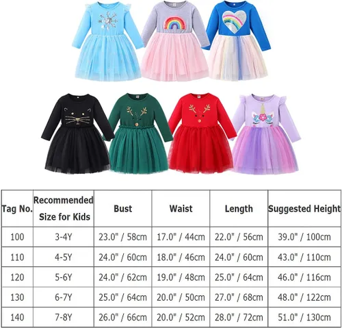 Vista 7 de Vestido de fiesta de cumpleaños de princesa de manga larga con estampado de unicornio, reno y arco iris, ropa de invierno y otoño