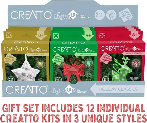 Vista 2 de Creatto Holiday Classics - Reno salpicado, estrella brillante, arco festivo iluminado, kit de rompecabezas 3D Juego de regalo de 12 piezas
