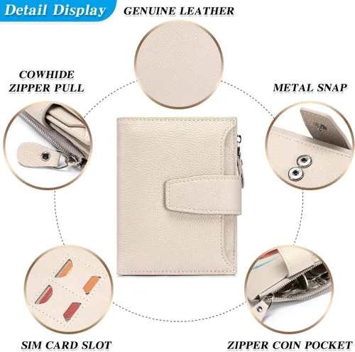 Vista 5 de Cartera de piel plegable con bloqueo RFID para mujer, tarjetero compacto con bolsillo con cremallera para monedas y 4 ventanas de identificación