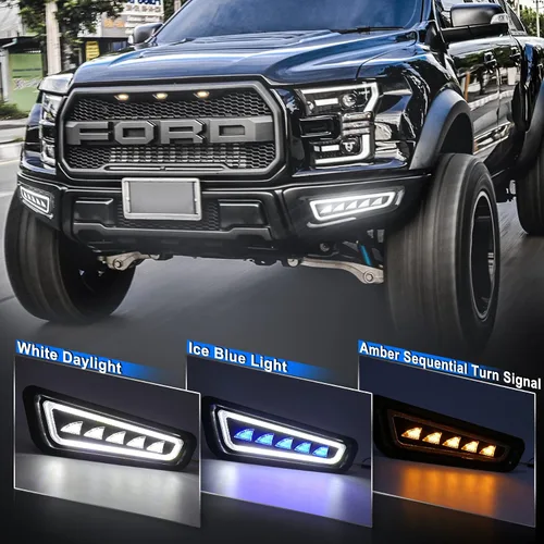 Vista 2 de Luces antiniebla Raptor, luces antiniebla LED Ford Raptor con DRL azul hielo/blanco, luces de parachoques Raptor con intermitentes secuenciales