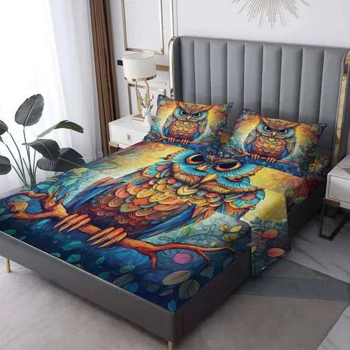 Vista 7 de Juego de sábanas de búho tamaño individual, sábanas de microfibra suave y bolsillo profundo, sábanas y fundas de almohada estampadas sin arrugas, 3