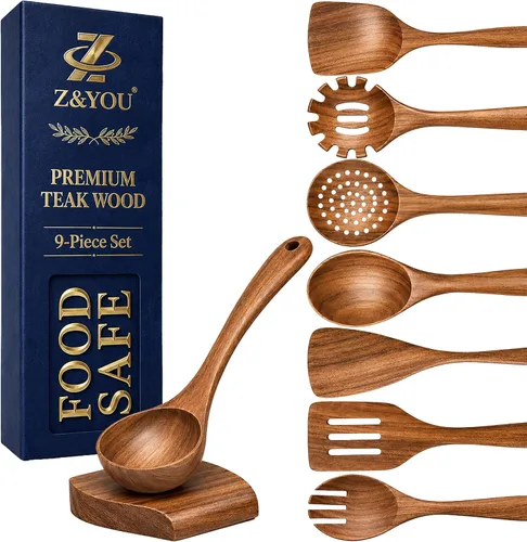Vista 10 de Juego de utensilios de madera de teca extra grandes de 4 piezas, espátula de madera antiadherente para cocinar, cuchara espumadera y cuchara
