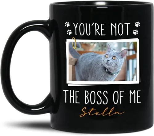 Vista 16 de Taza de cerámica negra personalizada para elegir nombre y foto con texto en inglés "Best Cat Dad Ever Just Ask", taza de café personalizada de 11