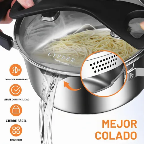 Vista 3 de Olla de acero inoxidable con boquilla de vertido y colador, 5