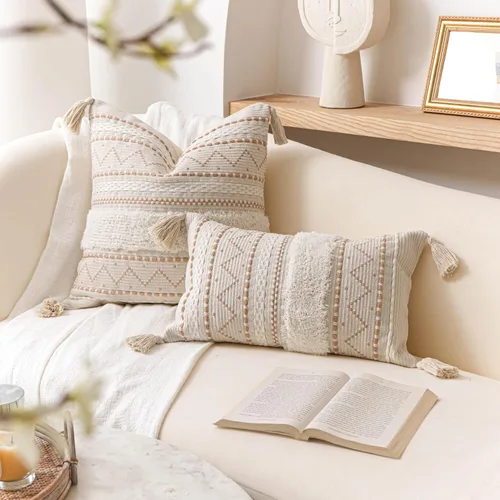 Vista 9 de BlissBlush Funda de cojín cuadrada de 18 x 18 pulgadas, color beige neutro, funda de cojín decorativa cuadrada de estilo bohemio con detalles