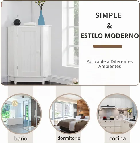 Vista 5 de Gabinete de almacenamiento de esquina para el hogar, gabinete de piso triangular para baño, gabinete de esquina independiente de madera con puerta