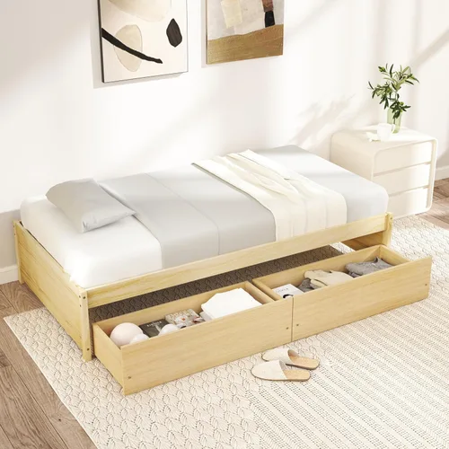 Vista 7 de Giantex Base de cama de plataforma de tamaño individual con 2 cajones de almacenamiento, marco de cama de madera maciza, base de colchón de soporte