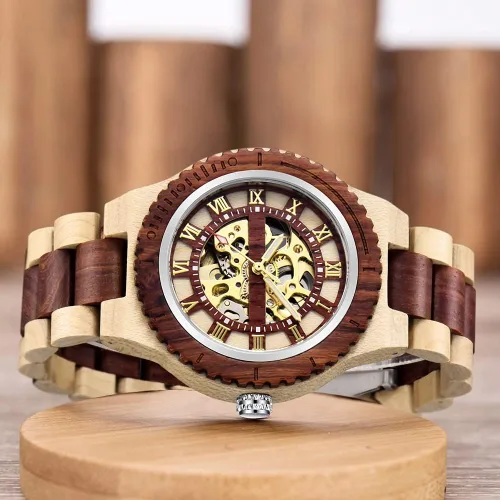 Vista 3 de Dentily Reloj de madera para hombre, triángulo, esqueleto automático, reloj mecánico de madera para hombre