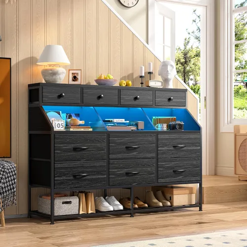 Vista 7 de EnHomee Cómoda para dormitorio con 10 cajones y zapatero de tela con luces LED y tomas de corriente, tocador de dormitorio para entrada, pasillo
