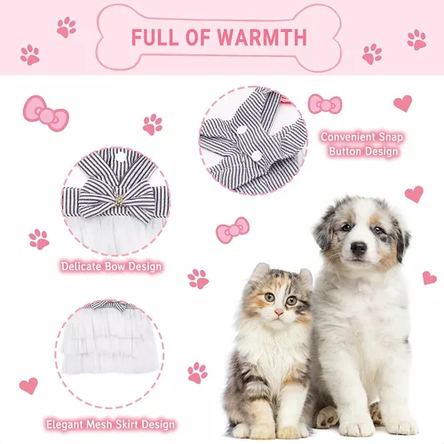 Vista 3 de Vestidos para Perros, Ropa de Mascota a la Moda, Vestidos de Princesa para Cachorros con Rayas y Malla (Azul, XS)