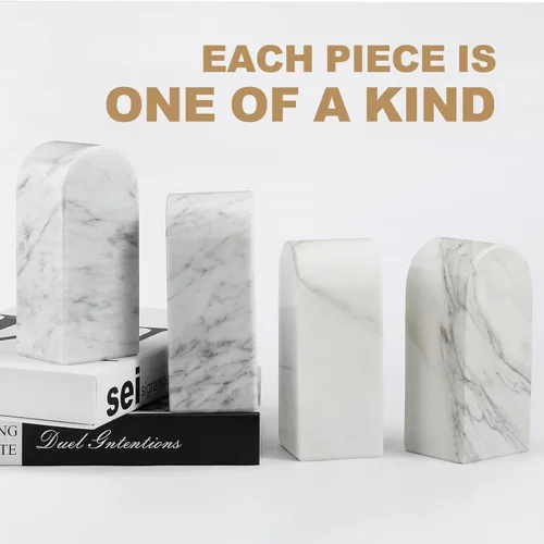 Vista 6 de Koville Sujetalibros de mármol italiano de Carrara para estantes, extremos decorativos para libros, 7 libras, soporte de libros de mármol Bianco
