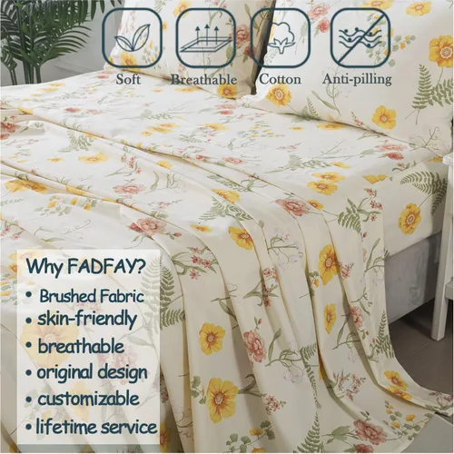 Vista 4 de FADFAY Juego de sábanas de percal de algodón cepillado con bolsillo profundo, sábana bajera ajustable de lujo con estampado floral de caléndula