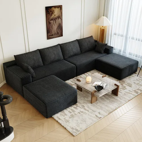 Vista 15 de Sofá modular modular de 139.4 pulgadas, sofás minimalistas en forma de L con diván de asiento medio, moderno sofá convertible de asiento profundo