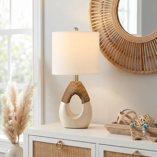 Vista 17 de Lámparas de Mesa Boho de 22" para Dormitorio Sala de Estar Conjunto Mejorado de 2 Lámparas de Mesa de Ratán Medianas Estilo Casa de Campo, Blanco
