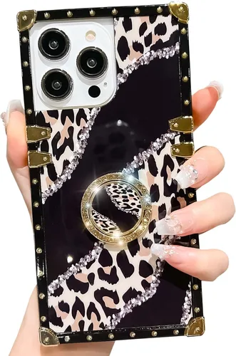 Vista 10 de Funda cuadrada de lujo compatible con iPhone 13 Pro Max de 6.7 pulgadas, funda de leopardo brillante, silicona suave y brillante a prueba de golpes