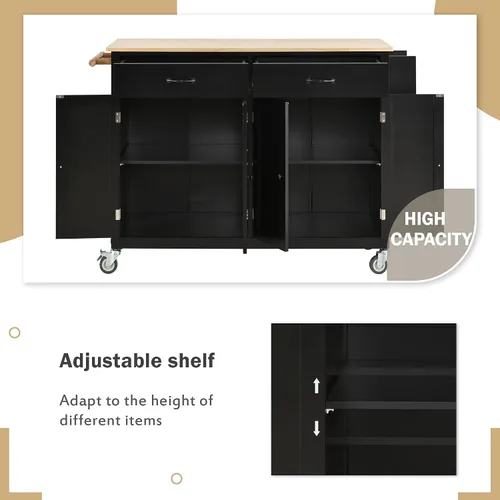 Vista 3 de Isla de cocina con ruedas con escritorio de madera maciza, mesa de isla de cocina con 2 cajones, carrito de isla de cocina con armario