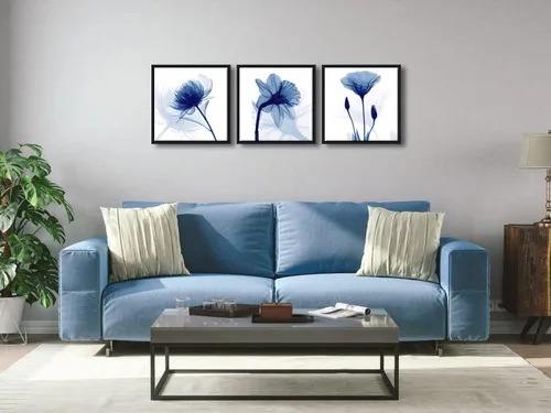 Vista 2 de Wieco Art – Flores abstractas azules enmarcadas, 3 paneles, impresiones en lienzo, arte de pared moderno, diseños artísticos para sala de estar