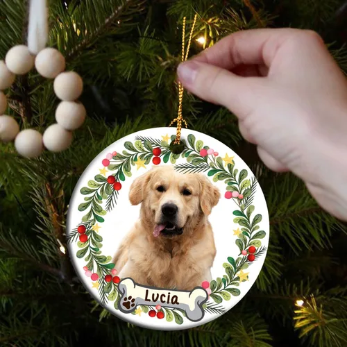 Vista 2 de Adorno personalizado para foto de perro, adorno de Navidad personalizado para mascotas 2023, regalos de Navidad personalizados para cachorros