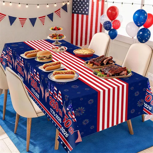 Vista 2 de Kelool Decoraciones del 250 aniversario de Estados Unidos, paquete de 3 manteles patrióticos de 54 x 108 pulgadas, mantel rectangular desechable