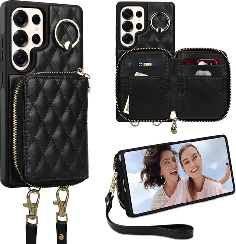Vista 59 de Funda para iPhone 12 Pro/iPhone 12 de 6.1 pulgadas, cartera cruzada con cremallera para mujer, tarjetero con bloqueo RFID, funda de cuero con Negro