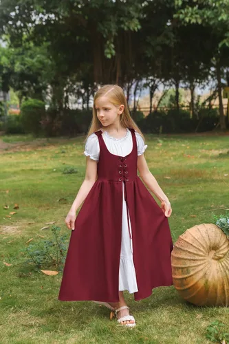 Vista 2 de Vestido renacentista para niñas, disfraz de princesa medieval, conjunto de dos piezas, 6-14 años