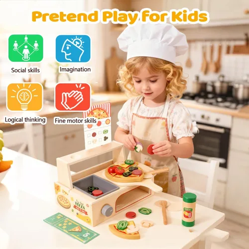 Vista 2 de Juego de comida de madera para niños, juego de hamburguesas de juguete de comida rápida, accesorios de cocina para niños pequeños, regalo de comida