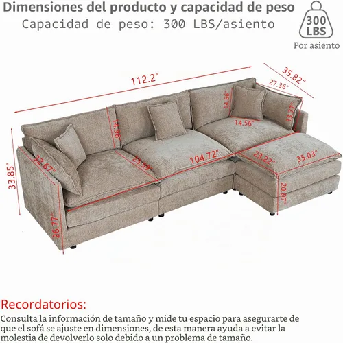 Vista 2 de Setawix Sofá Profundo de 3 Plazas con Otomana, Sofás de Nube en Forma de L de 112.2" para Sala de Estar, Sofá de Nube de Chenilla con Asiento Café