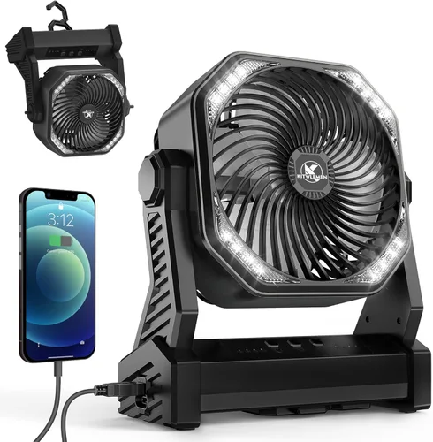 Vista 9 de KITWLEMEN - Ventilador de campamento alimentado por batería de 20 000 mAh, refrigeración máxima de 58 horas, 4 velocidades, luz brillante y gancho