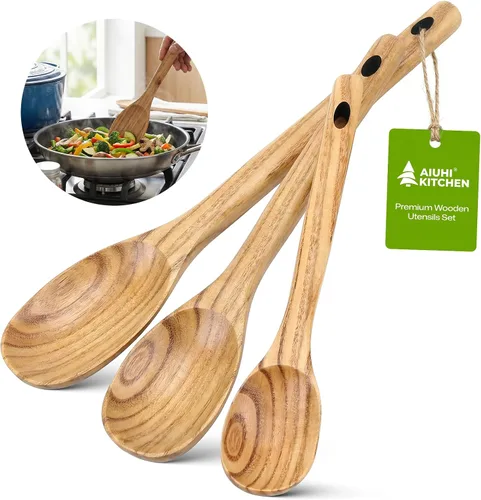 Vista 9 de AIUHI 2 espátulas de madera, mango largo de madera de teca, espátula plana para freír, utensilios de cocina antiadherentes para cocina